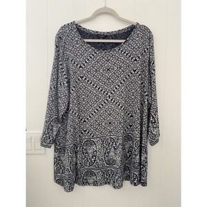 Lucky Brand Women's 2X Black & White Paisley Print Tunic/Top Cotton Soft